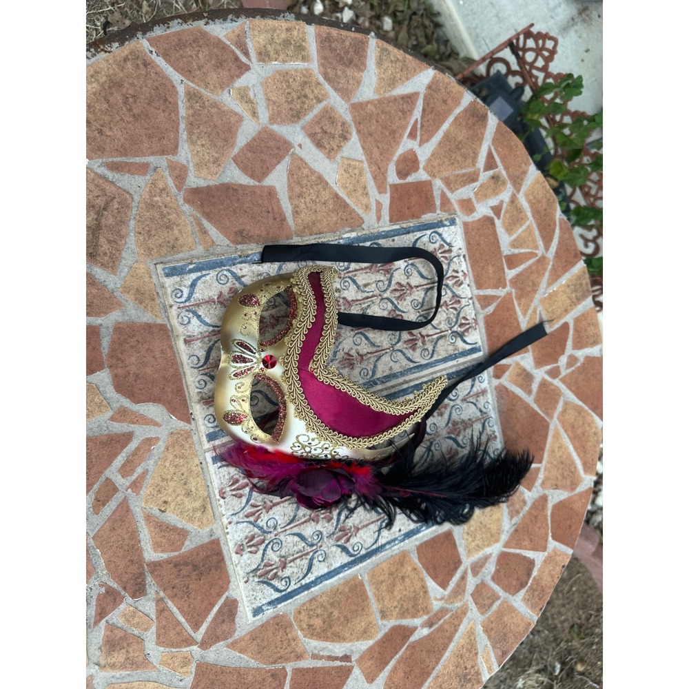 Pier 1 Imports Hand Painted Italian Masquerade Mask Burgundy Gold Feather Moon
